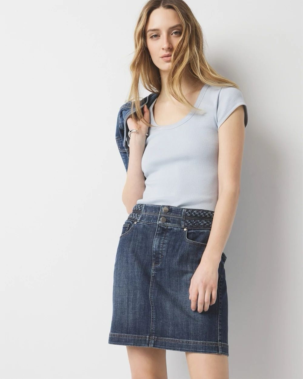 WHBM Denim Mini Skirt 14 Braided Waist Provence Authentic NWT