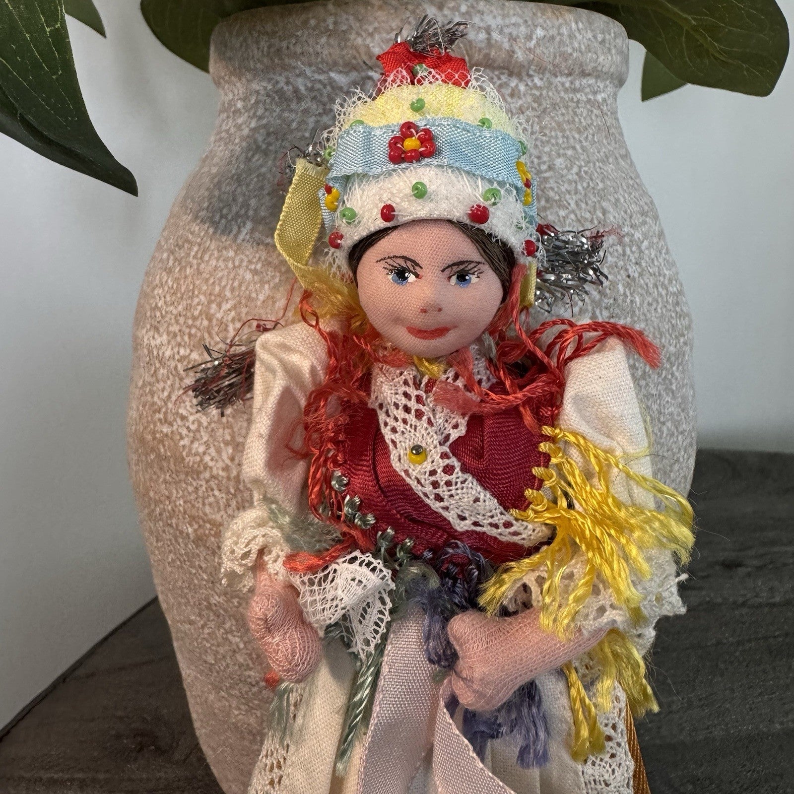 Vintage Eastern European Folk Doll 7" Cloth Costume Red Boots Polish Hungarian