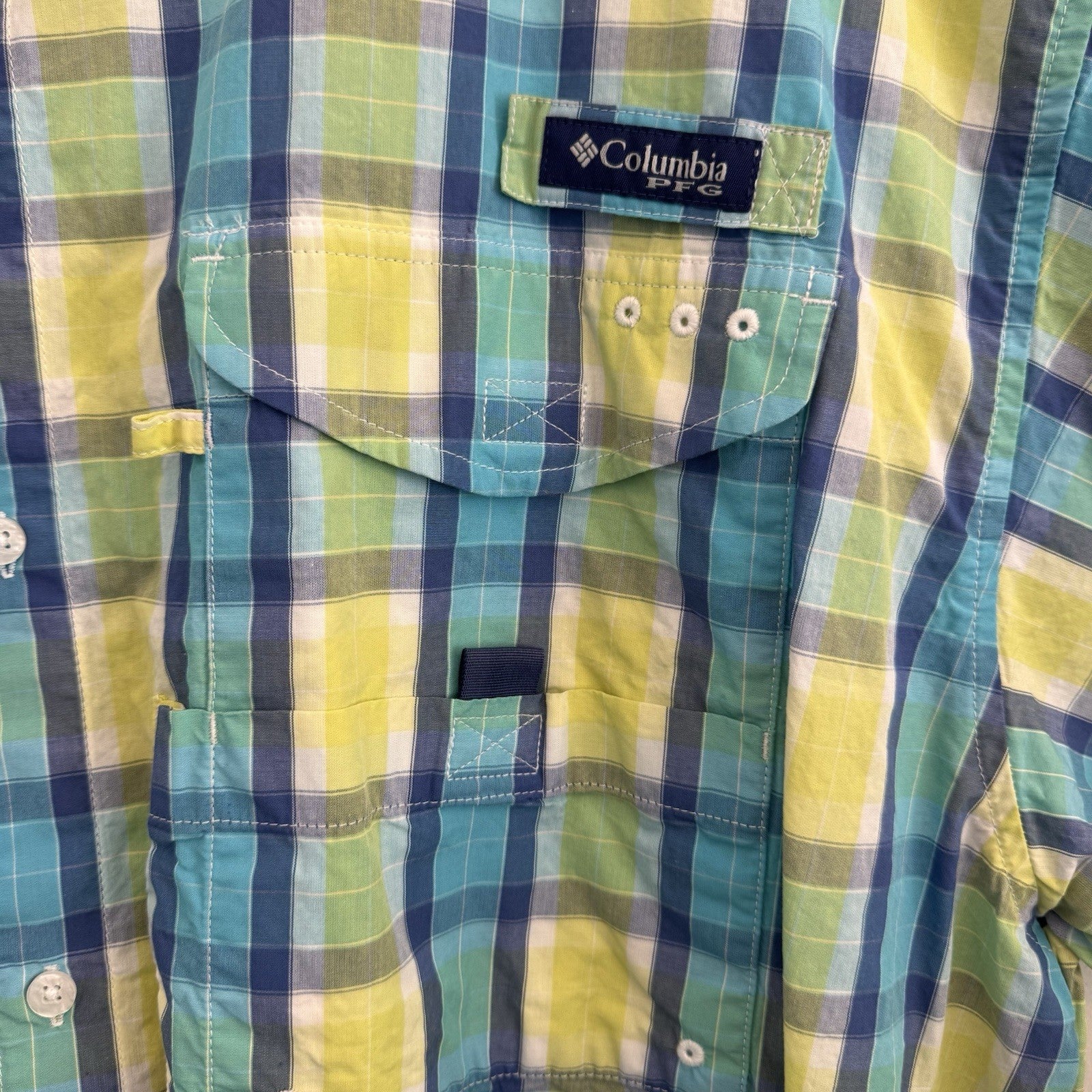 Columbia PFG Super Bonehead Shirt XXL Teal Lime Green Plaid Fishing S/S