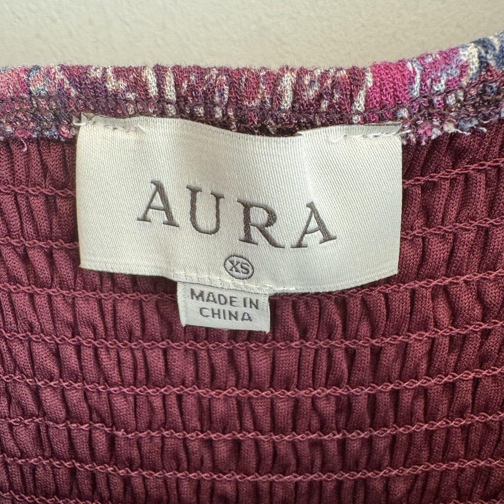 NWT Aura Shop Red Dress XS Purple Boho Patchwork Smocked Long Sleeve Mini Dress