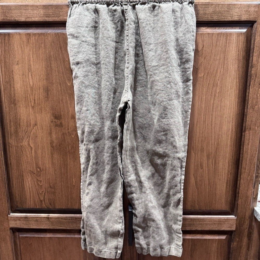 Nicole Miller 100% Linen Womens Pants Elastic Waist Pockets Brown Olive green S