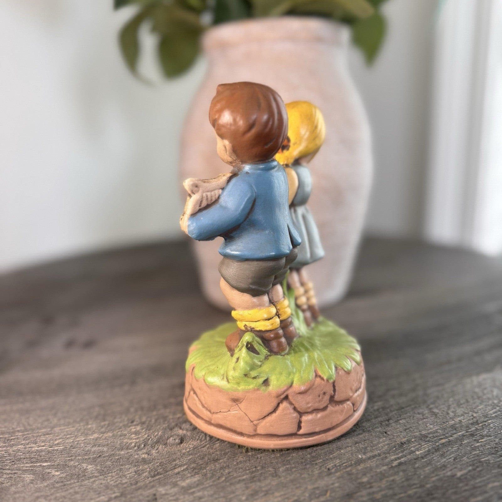 Vintage Musical Figurine Boy with Harp Girl Singing Hummel Style Kitsch Decor