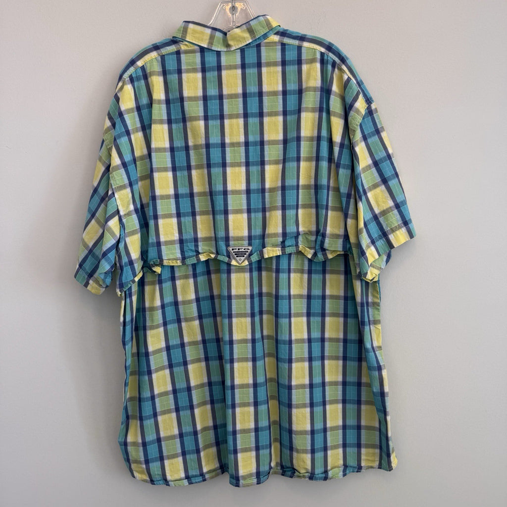 Columbia PFG Super Bonehead Shirt XXL Teal Lime Green Plaid Fishing S/S