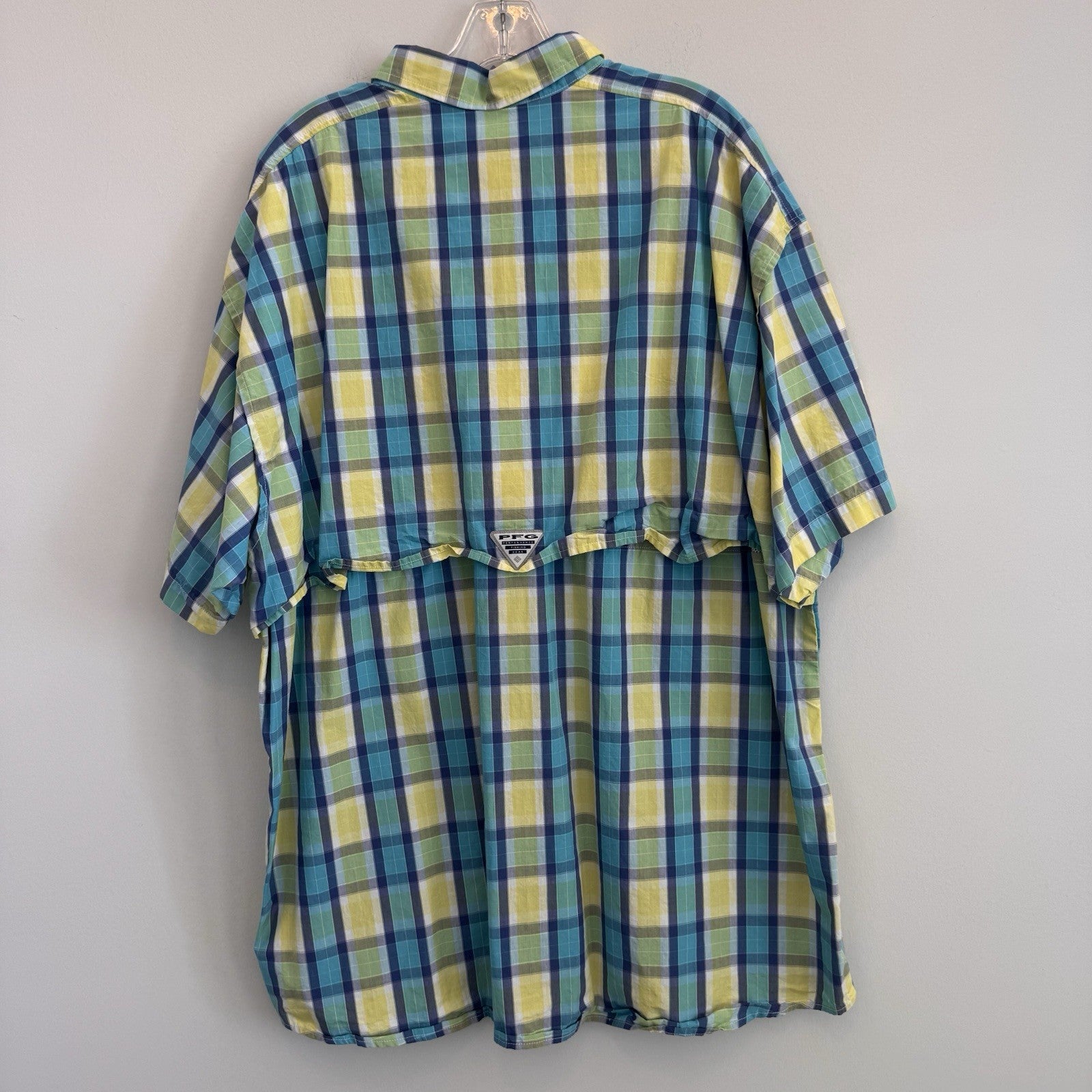 Columbia PFG Super Bonehead Shirt XXL Teal Lime Green Plaid Fishing S/S