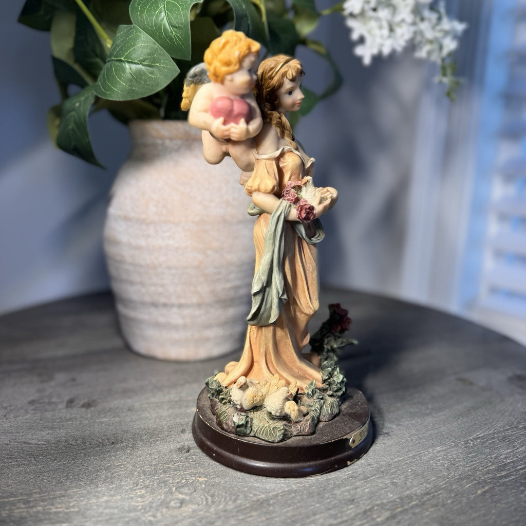 Vintage De Elina Angel with Cherub Figurine 10" Seraphim Statue Dove & Roses
