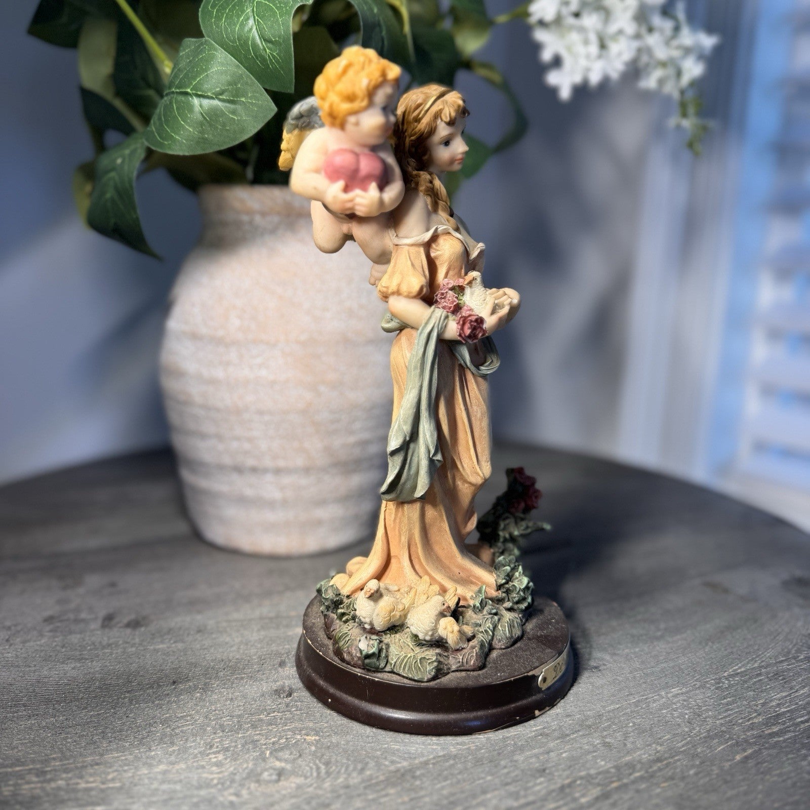 Vintage De Elina Angel with Cherub Figurine 10" Seraphim Statue Dove & Roses