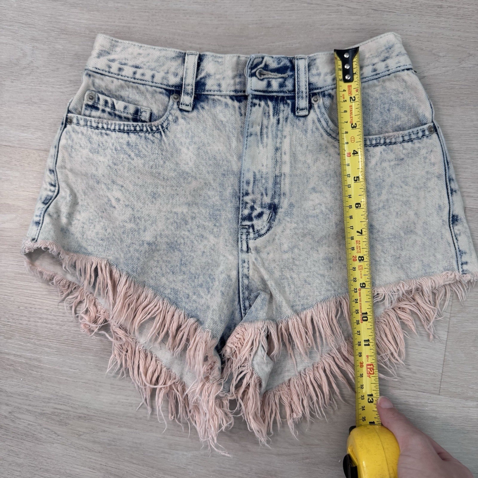 BDG Urban Outfitters High Rise Cheeky Pink Fringe Denim Shorts Acid Wash 25 Y2K