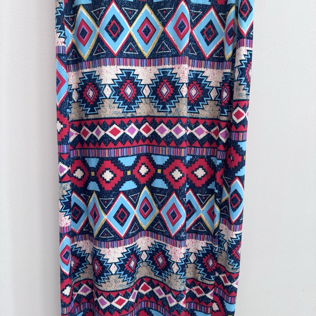 Hot Kiss Maxi Dress Large Boho Aztec Tribal Print Side Slit 3/4 Sleeve