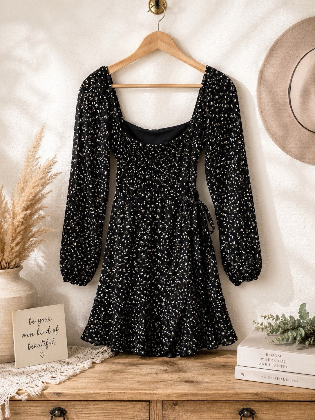Altar’d State Women Small Floral Mini Dress Black Puff Sleeve Cottagecore