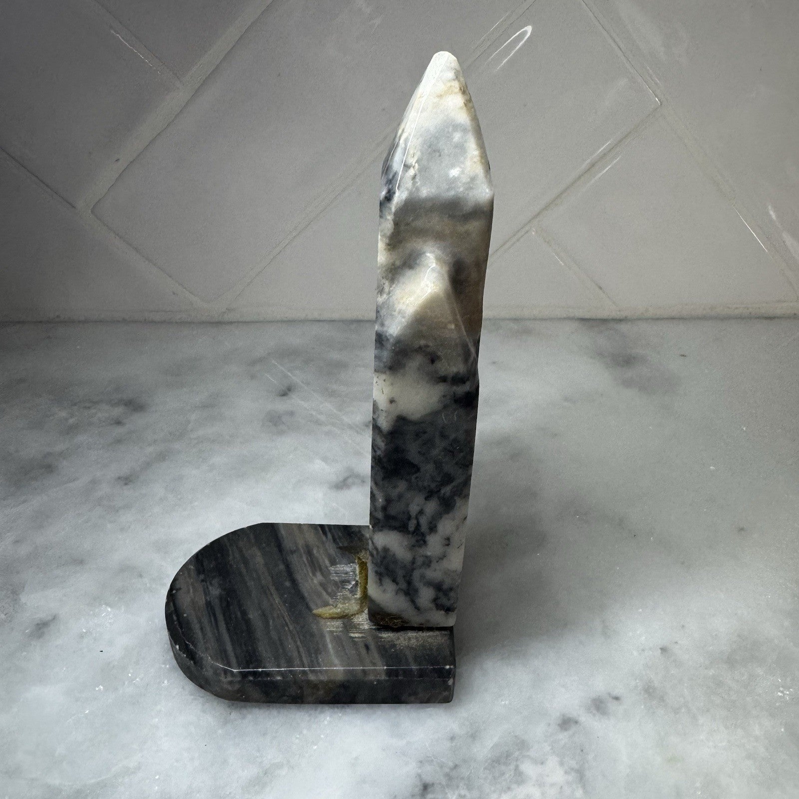 Vintage Marble Stone Obelisk Bookend Gray White Natural Stone Decor 7.5”