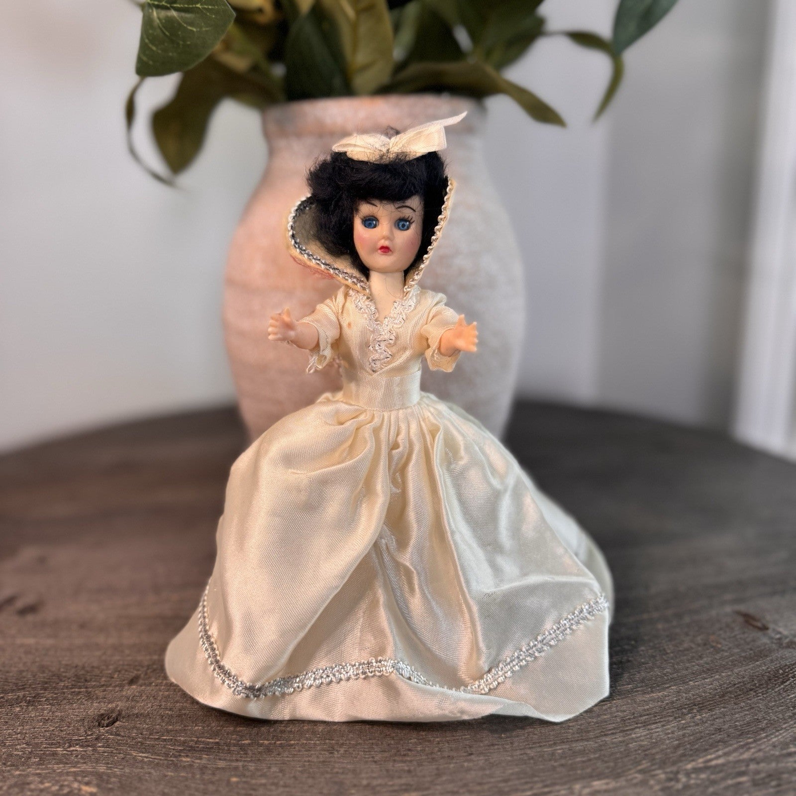 Vintage 8" Sleepy Eye Bride Doll Cream Satin Gown Silver Trim Made in China