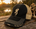 Browning Buckmark Mesh Trucker Hat Cap Black Tan Distressed Hunting OSFM