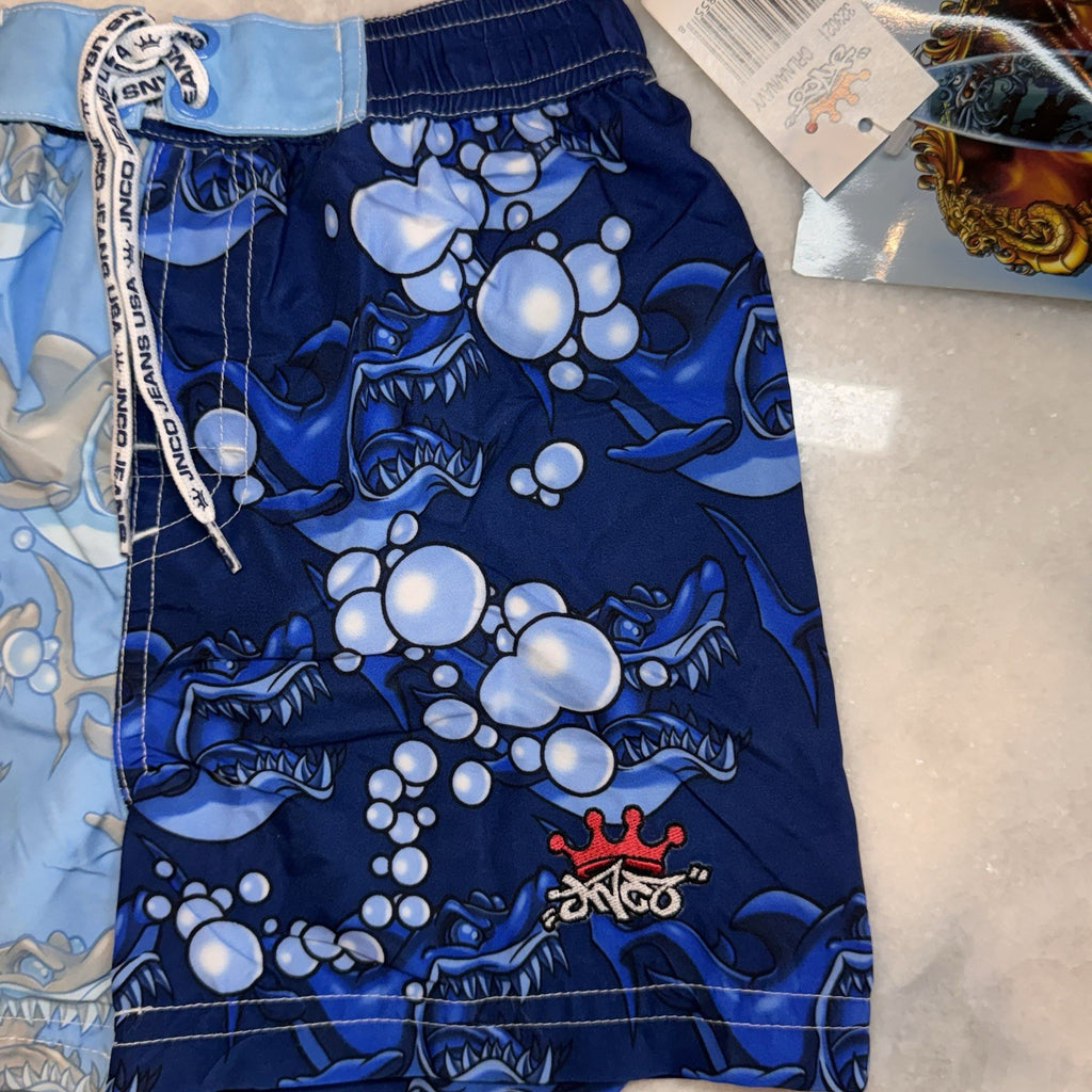 Vintage JNCO Jeans Toddler Boys 2T Swim Trunks Shark Print Blue NWT Deadstock