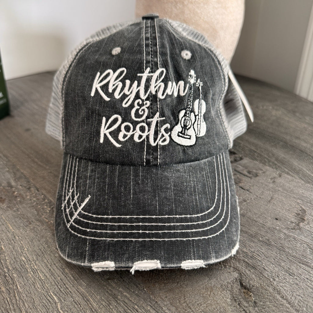 Katydid Rhythm & Roots Guitar Trucker Hat Distressed Black NWT  Boutique Music