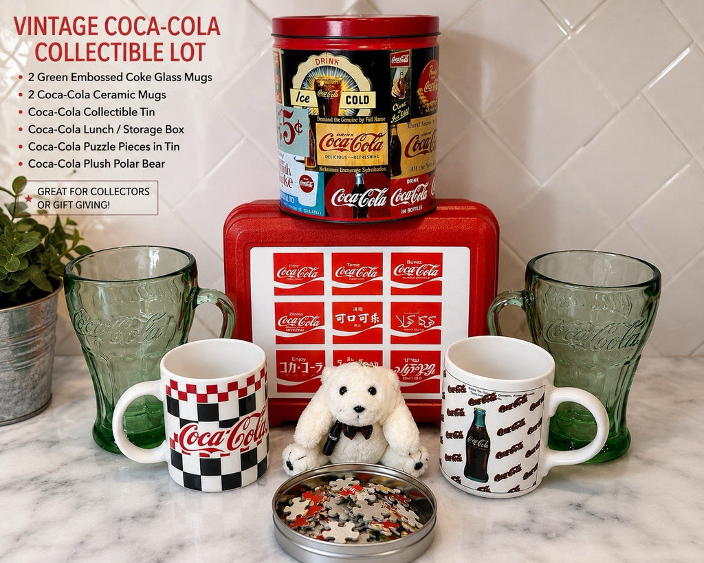 Vintage Coca-Cola Collectible Lot Glasses Mugs Puzzle Tin Lunch Box Plush