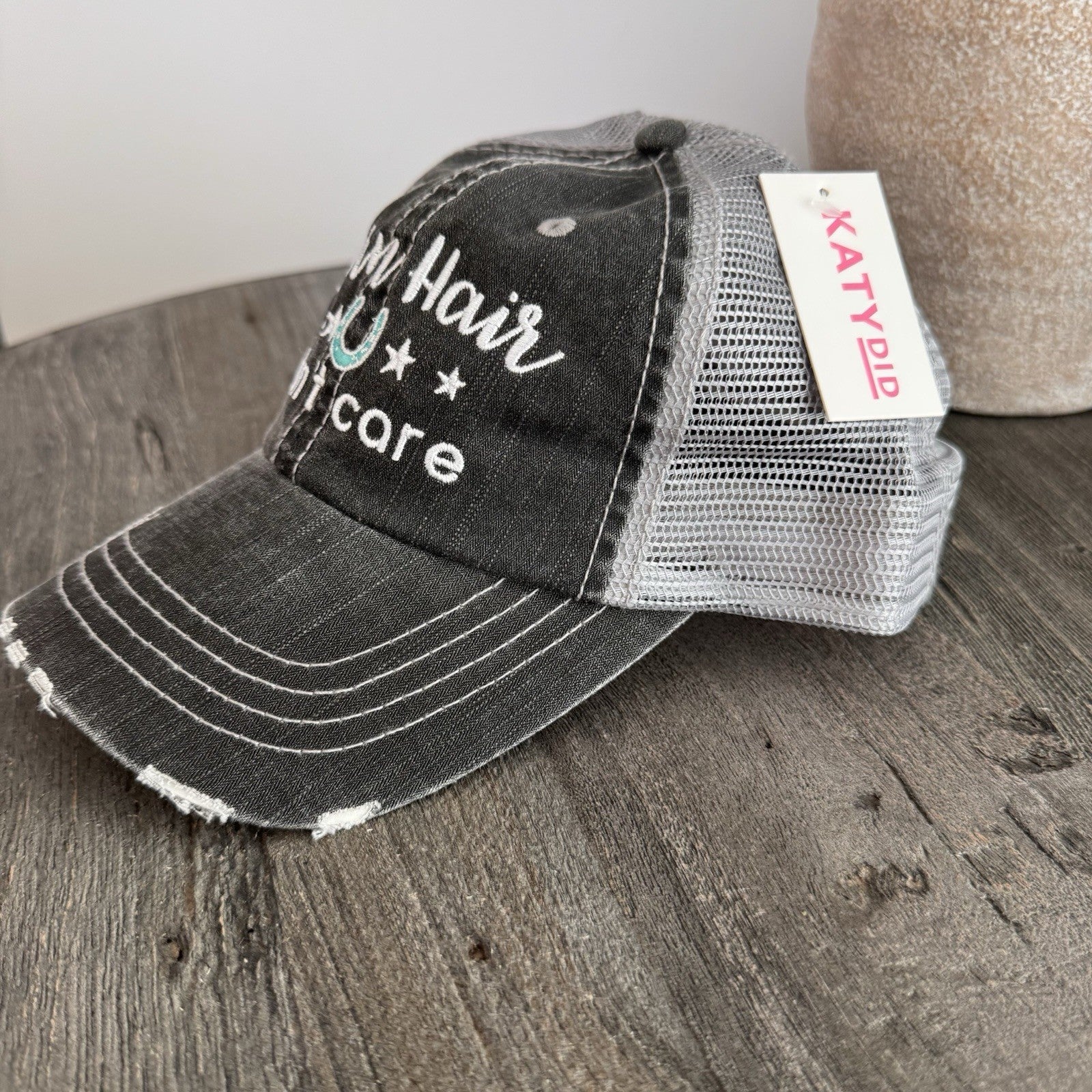 Katydid Barn Hair Don’t Care Hat Western Trucker Distressed Gray Mesh Cap Bout