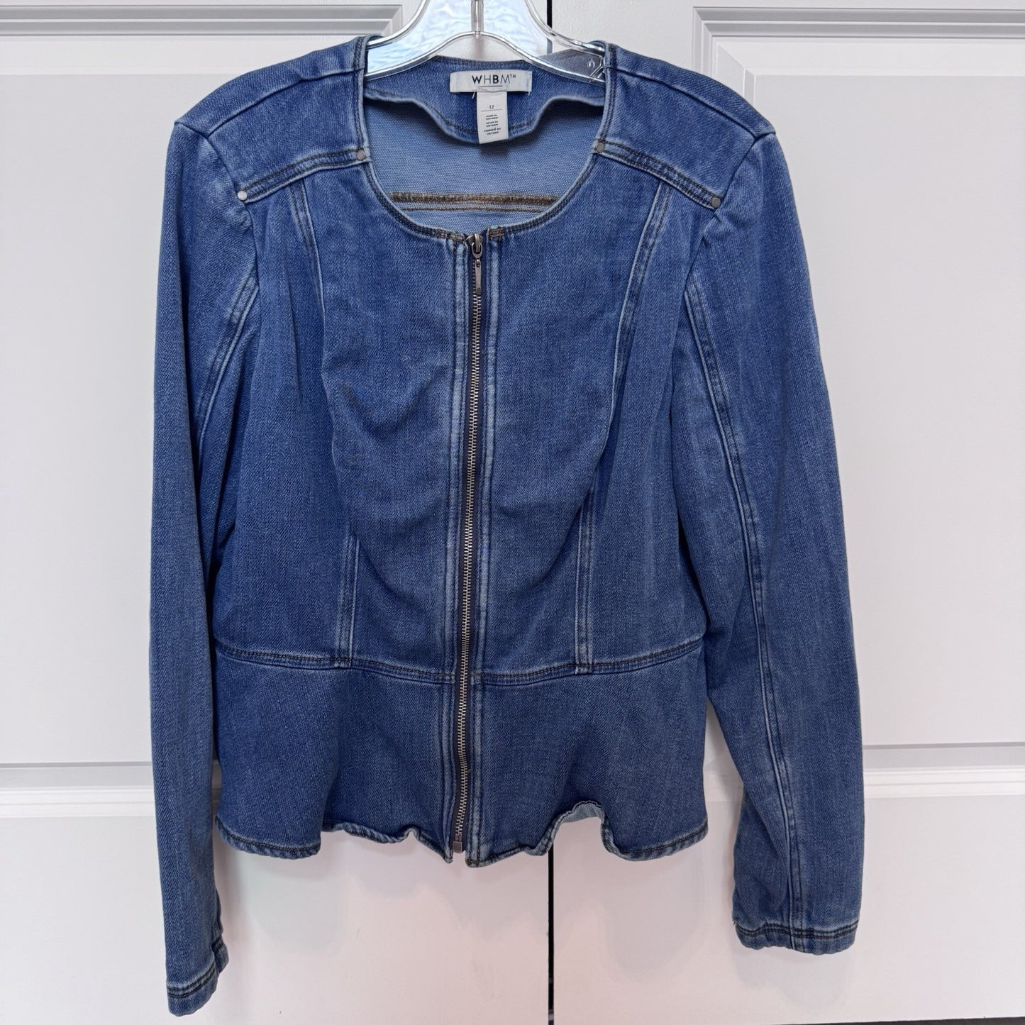 WHBM Womens Denim Zip Front Jacket Size 12 Blue Stretch Jean Jacket 