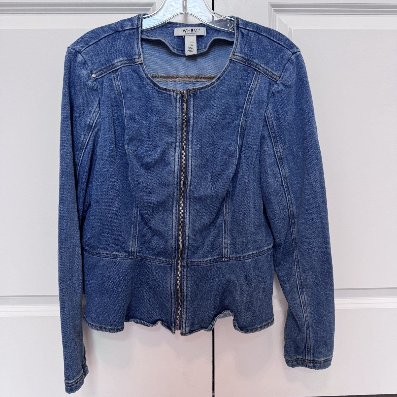WHBM Womens Denim Zip Front Jacket Size 12 Blue Stretch Jean Jacket 