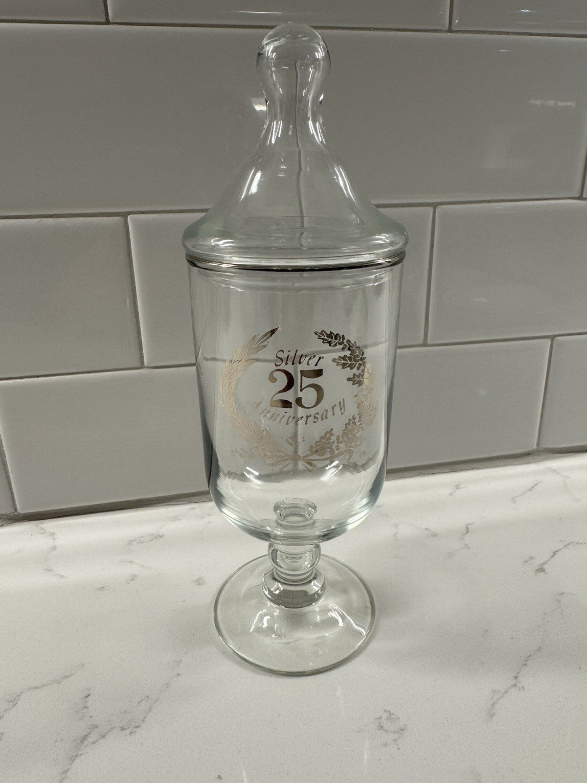 Vintage NOS 25th Anniversary Candy Jar 9" Tall Glass Crystal