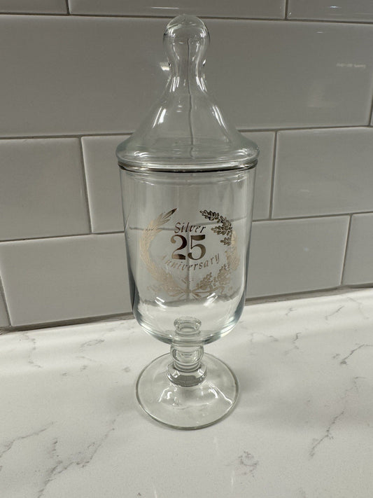 Vintage NOS 25th Anniversary Candy Jar 9" Tall Glass Crystal