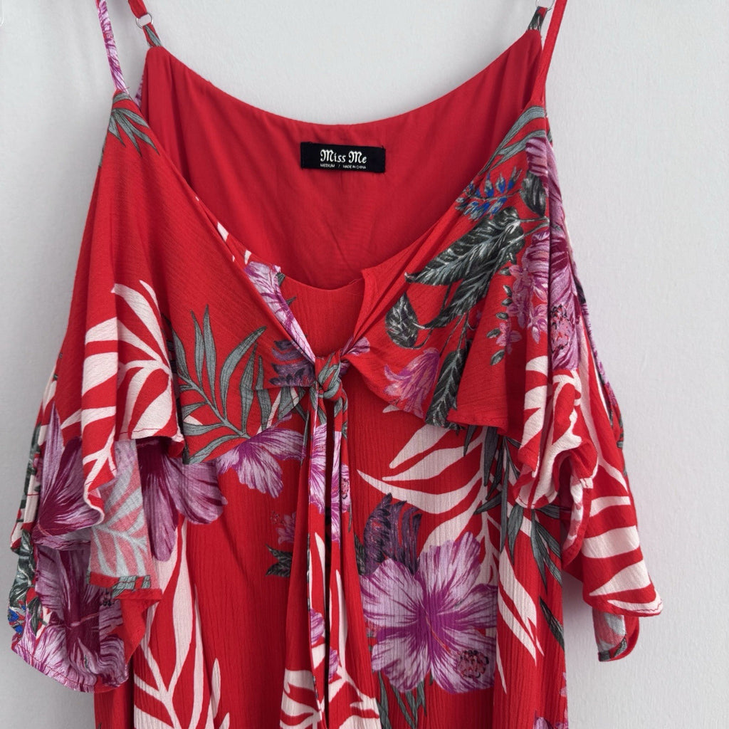 Miss Me Red Tropical Floral Cold Shoulder Dress Sz M Ruffle Sleeve