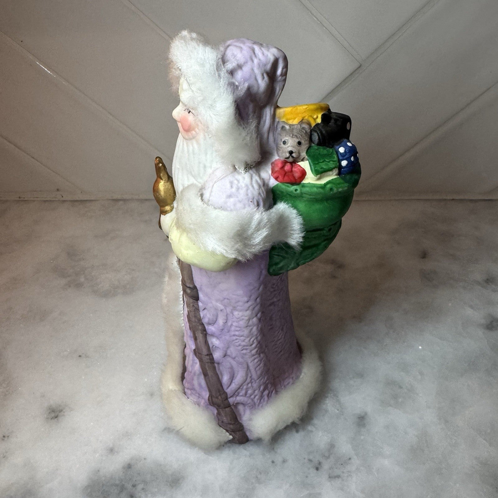 K's Collection 7" Old World Porcelain Santa Figurine with Faux Fur & Toy Napsack
