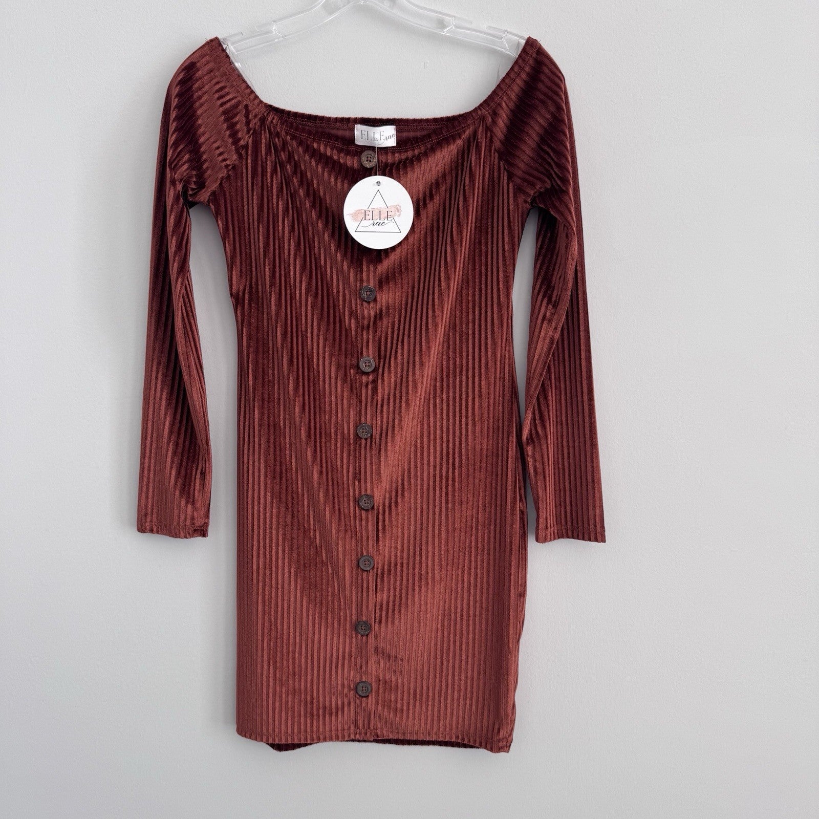 NWT Elle Rae Naomi Ribbed Velvet Dress Rust Button Front M Long Sleeve Bodycon