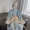 Vintage Porcelain Pierrot Doll Seated Blue Satin Lace French Harlequin 18" Shelf