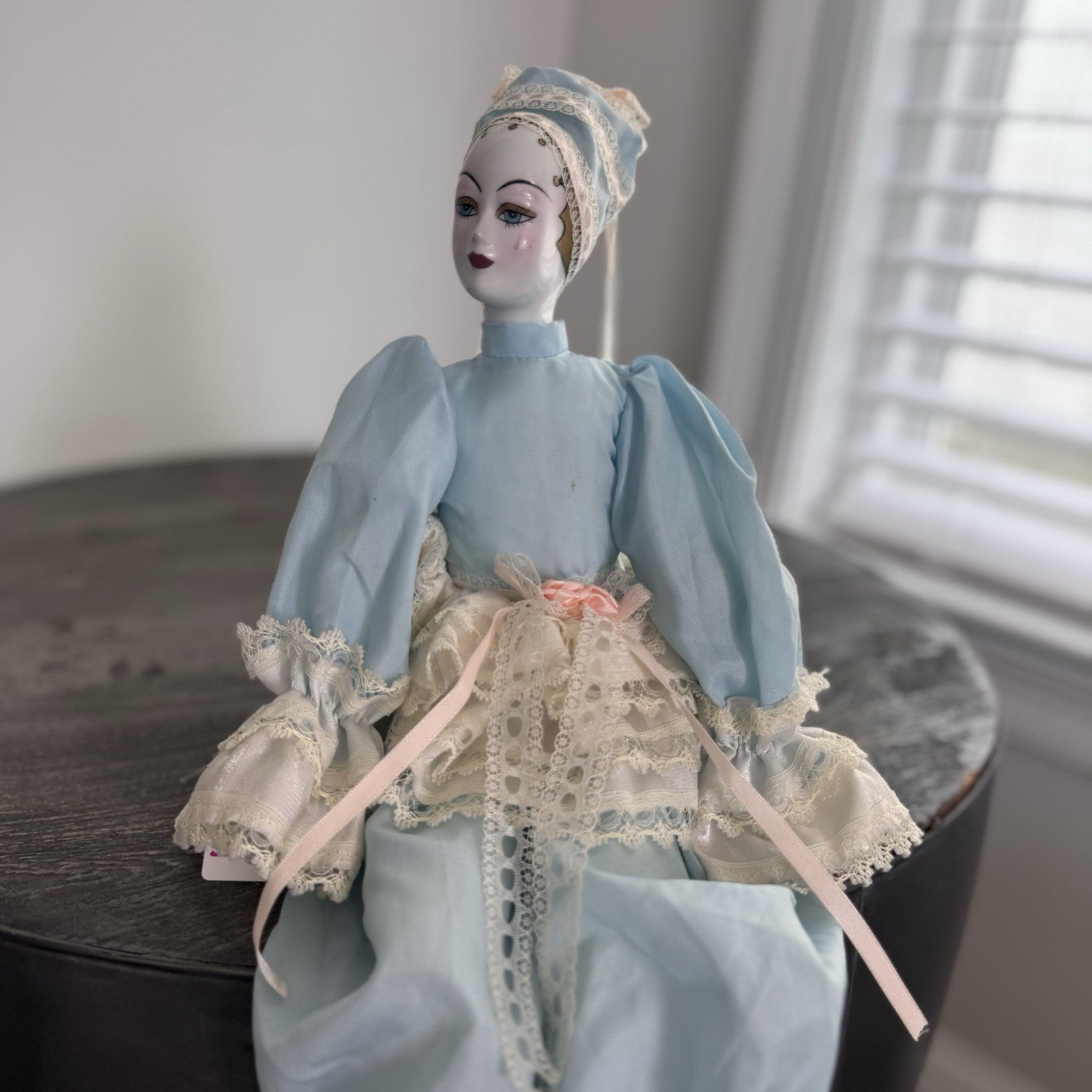 Vintage Porcelain Pierrot Doll Seated Blue Satin Lace French Harlequin 18" Shelf