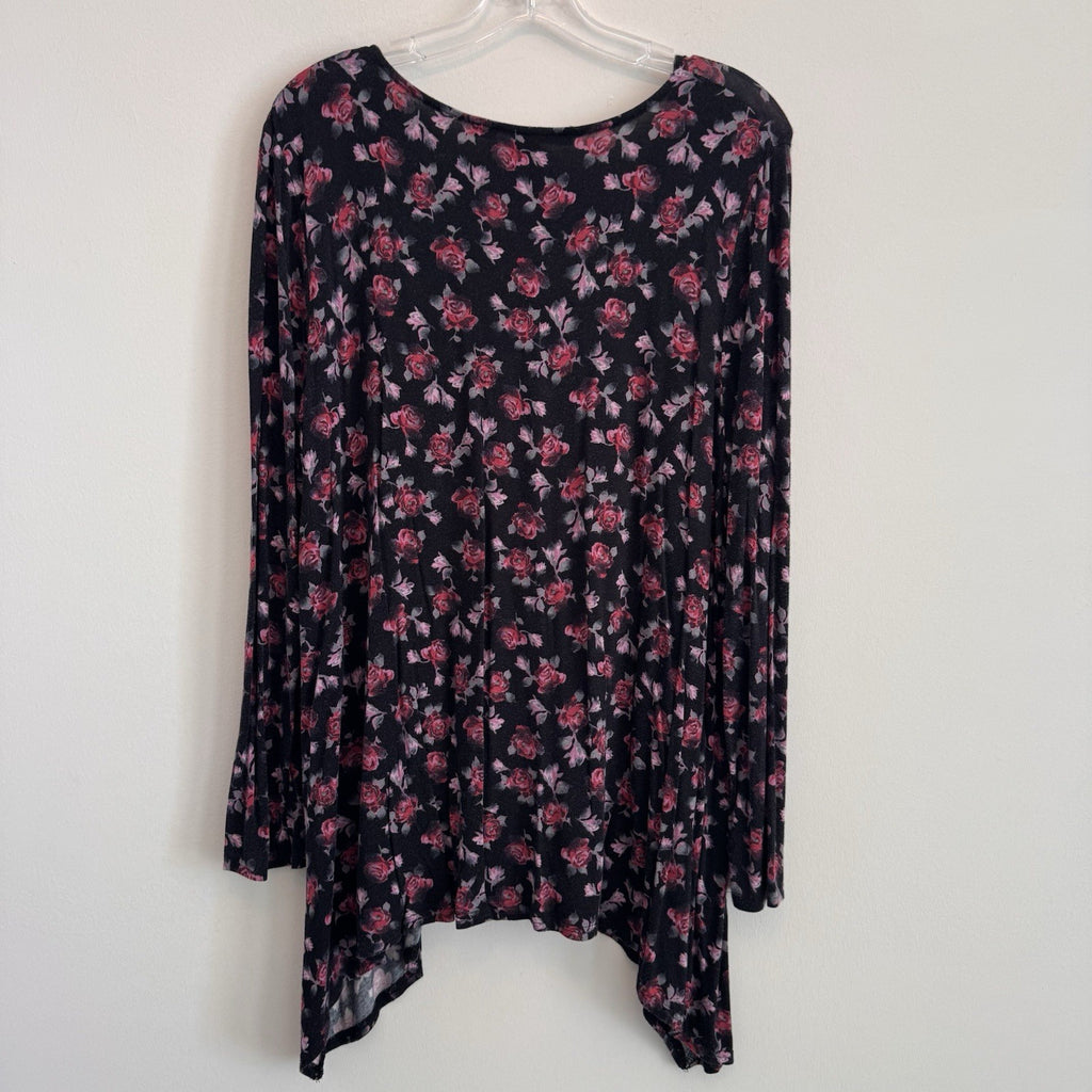American Rag Floral Tunic Top 1X Black Pink Roses Boho Handkerchief Hem Women’s