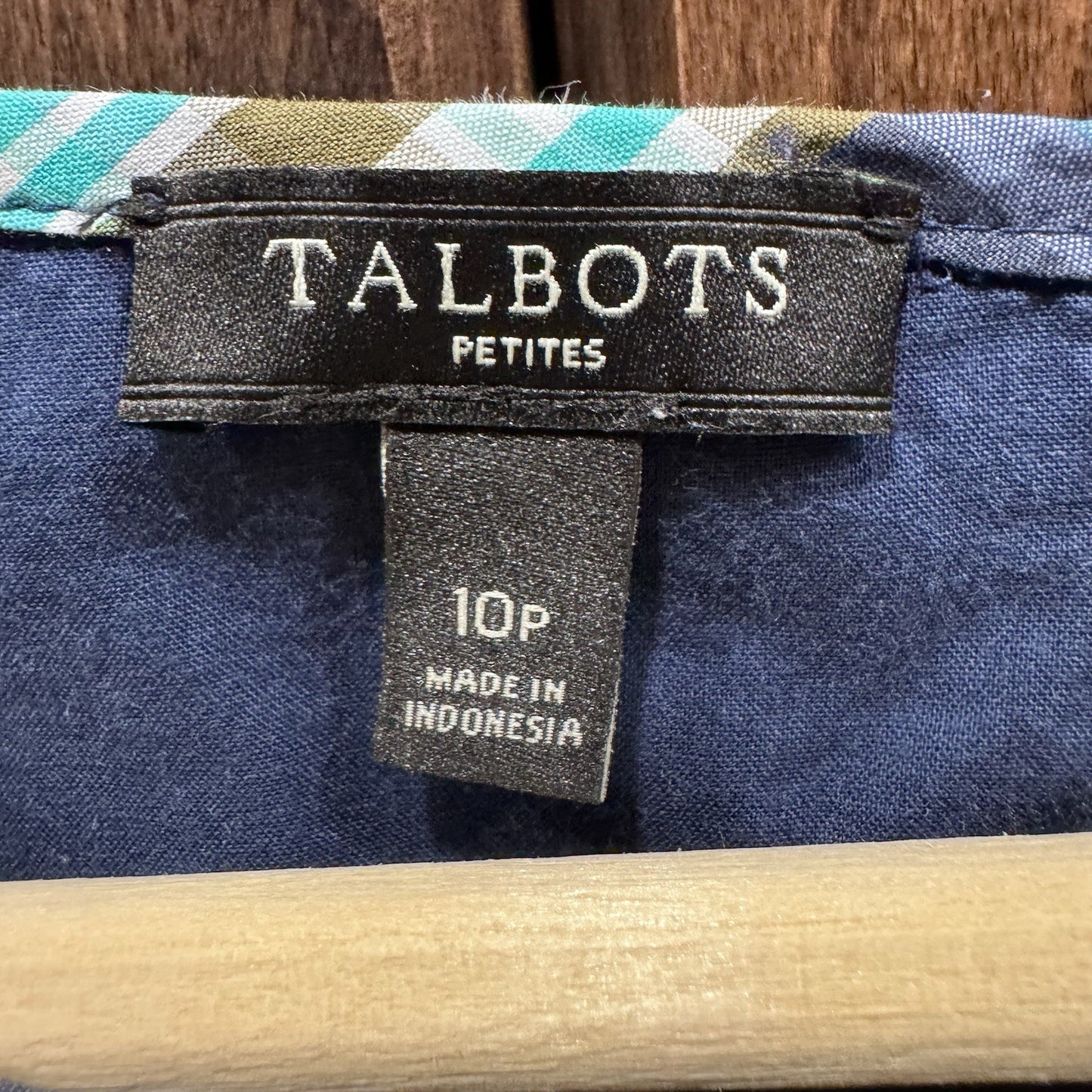 Talbots Petites 10P Sleeveless Plaid Dress Ruffle Front Blue Green 