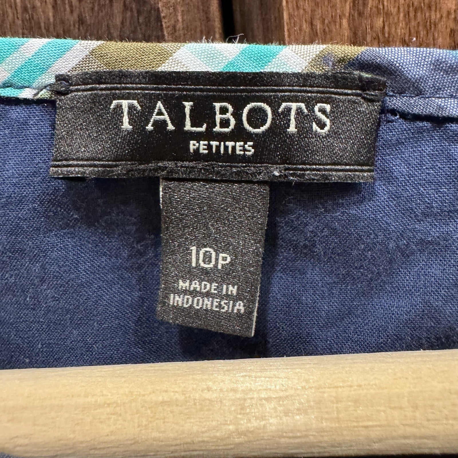 Talbots Petites 10P Sleeveless Plaid Dress Ruffle Front Blue Green 