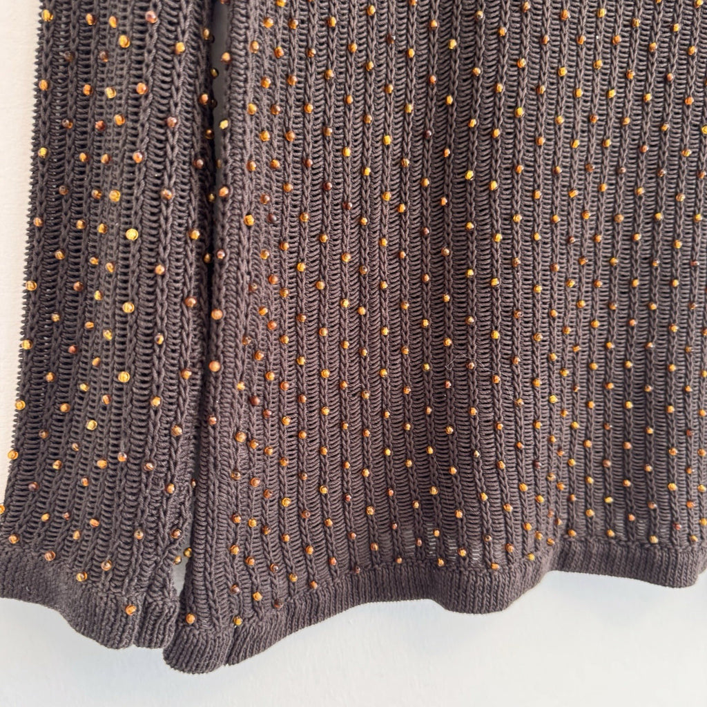 Dana Buchman Womens M Brown Beaded Open Knit Sweater Long Sleeve Crochet