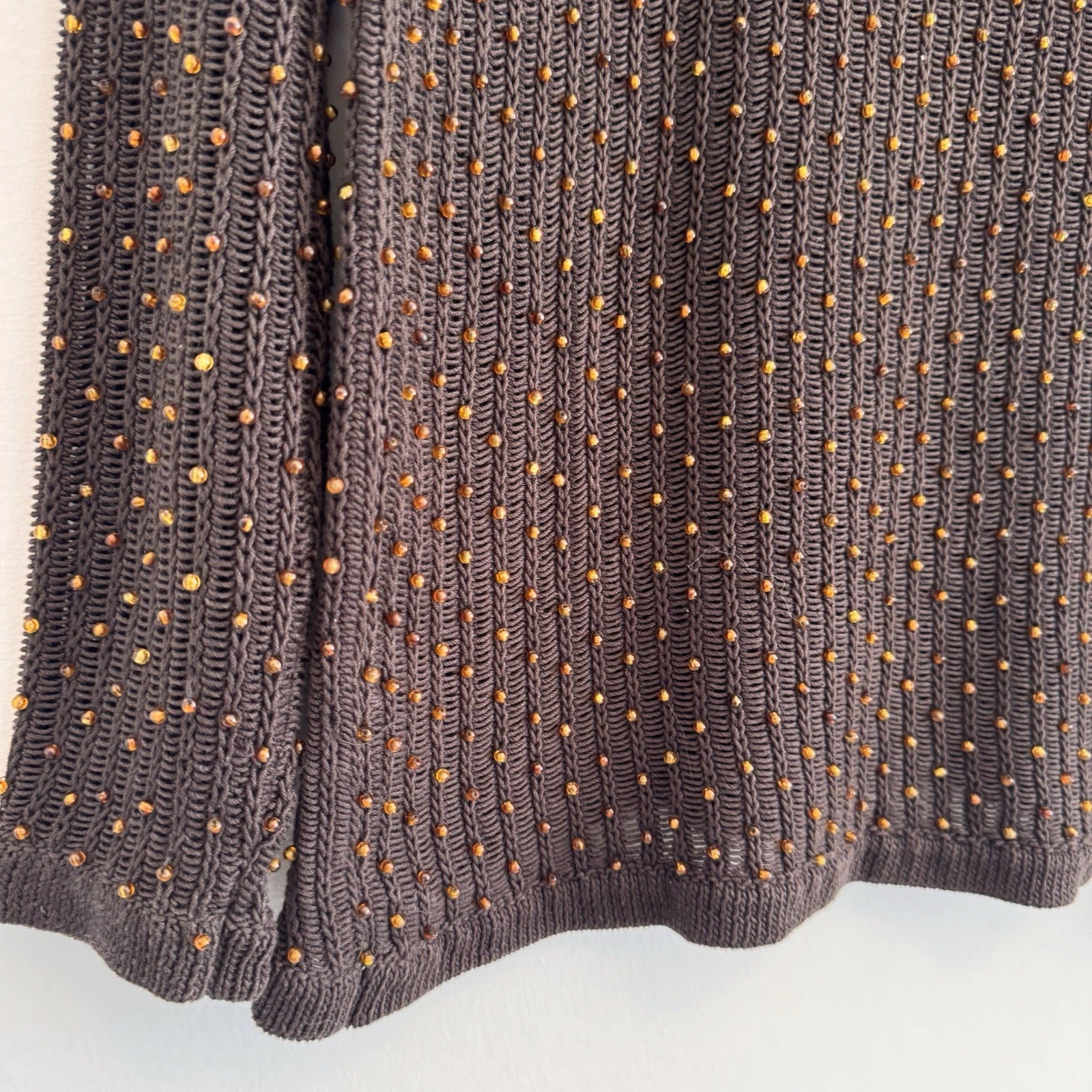Dana Buchman Womens M Brown Beaded Open Knit Sweater Long Sleeve Crochet