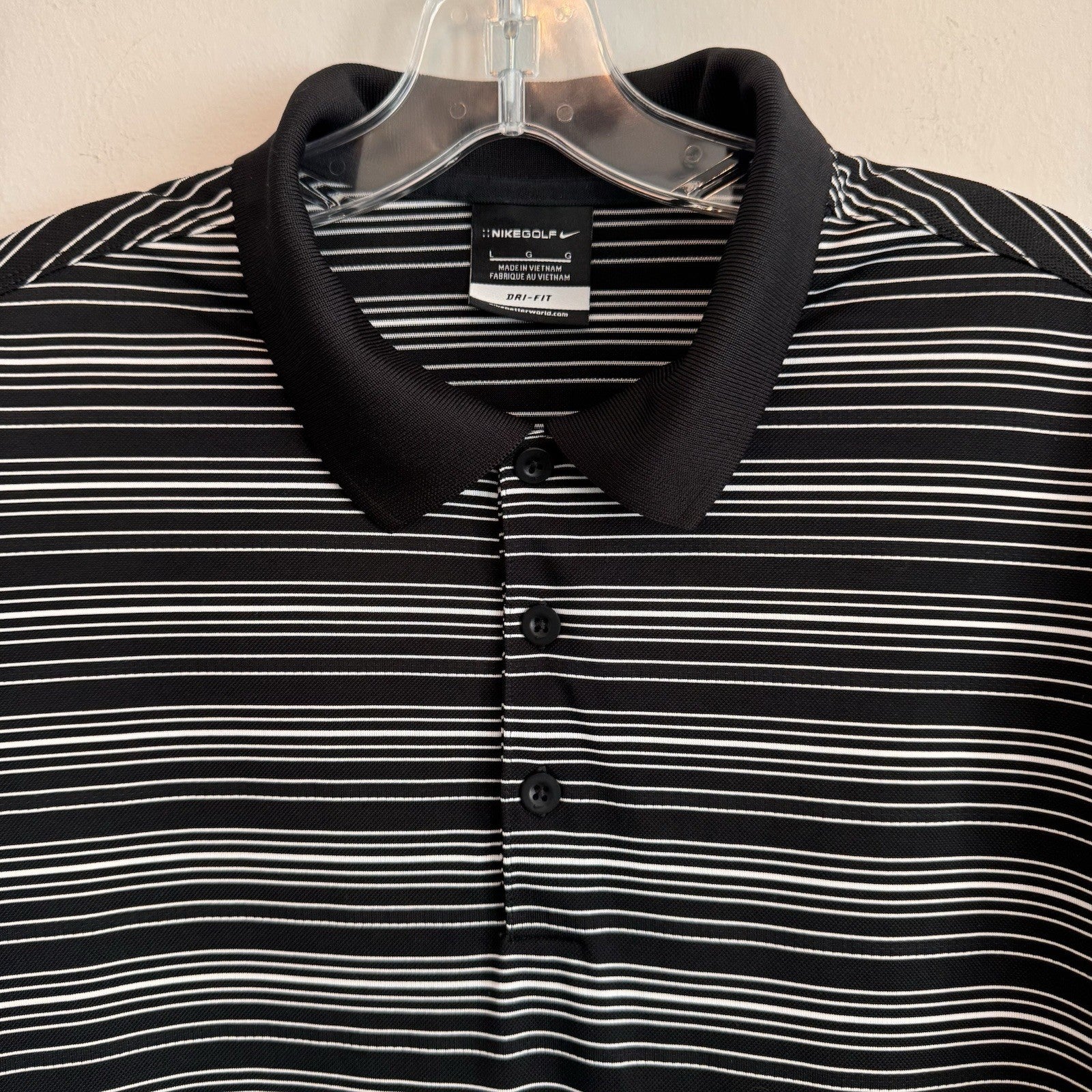 Nike Golf Dri Fit Polo Shirt Mens Large Black White Striped Swoosh Golf