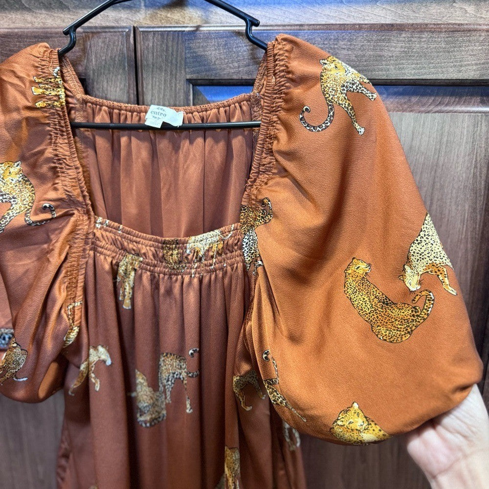 Entro Cheetah Print Puff Sleeve Tiered Mini Dress | Size Small