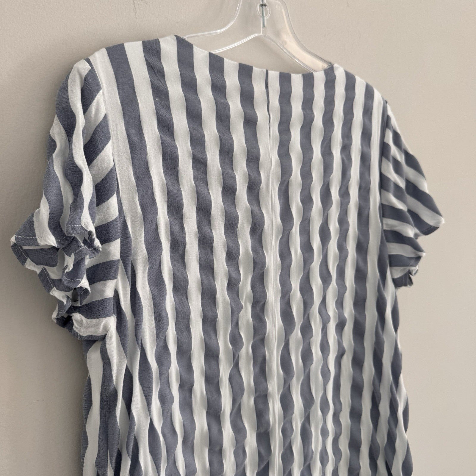 Savanna Jane Striped Embroidered Dress Women's Size L V-Neck Boho Blue White