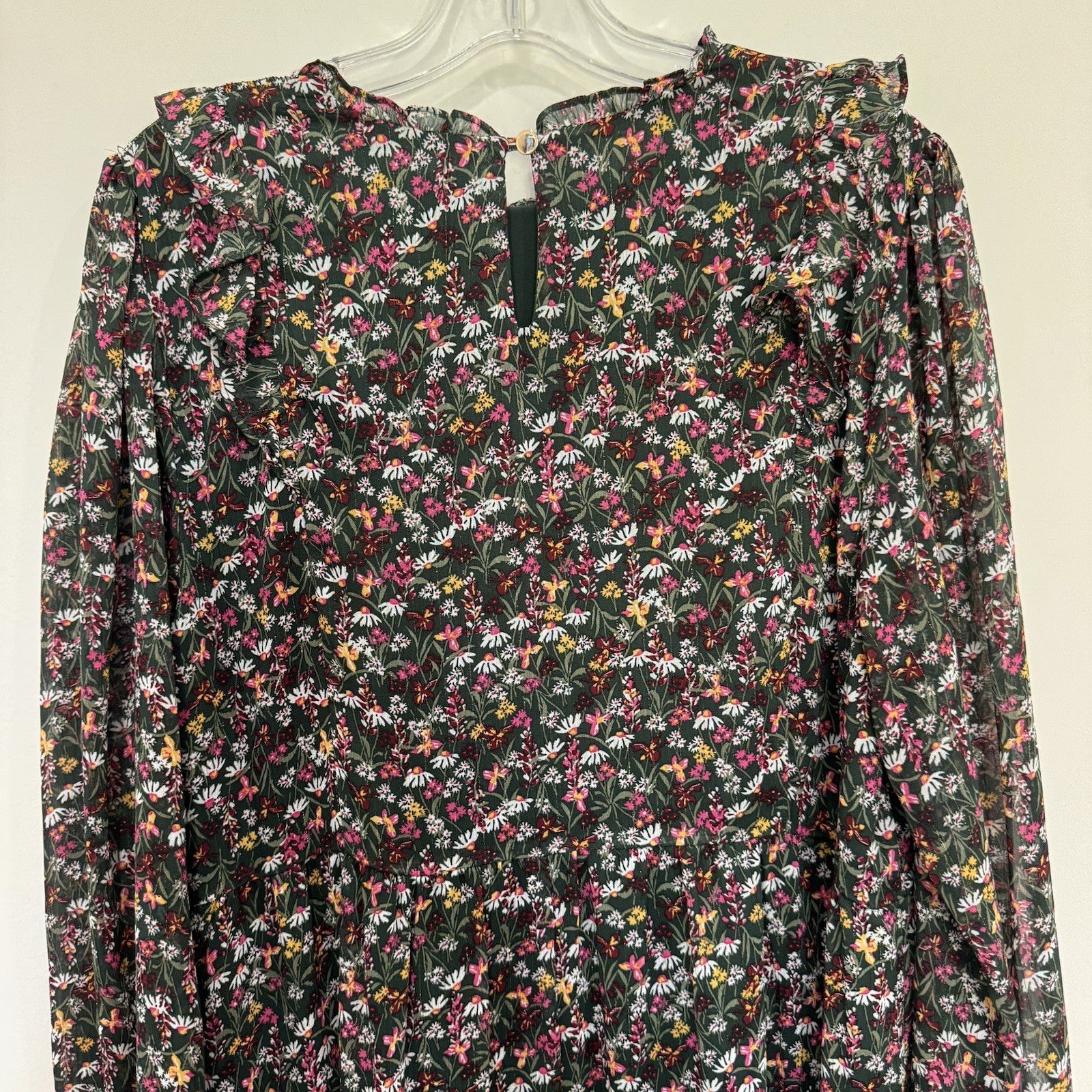 Draper James RSVP XL Dress Floral Smocked Metallic Tiered Long Sleeve Chiffon