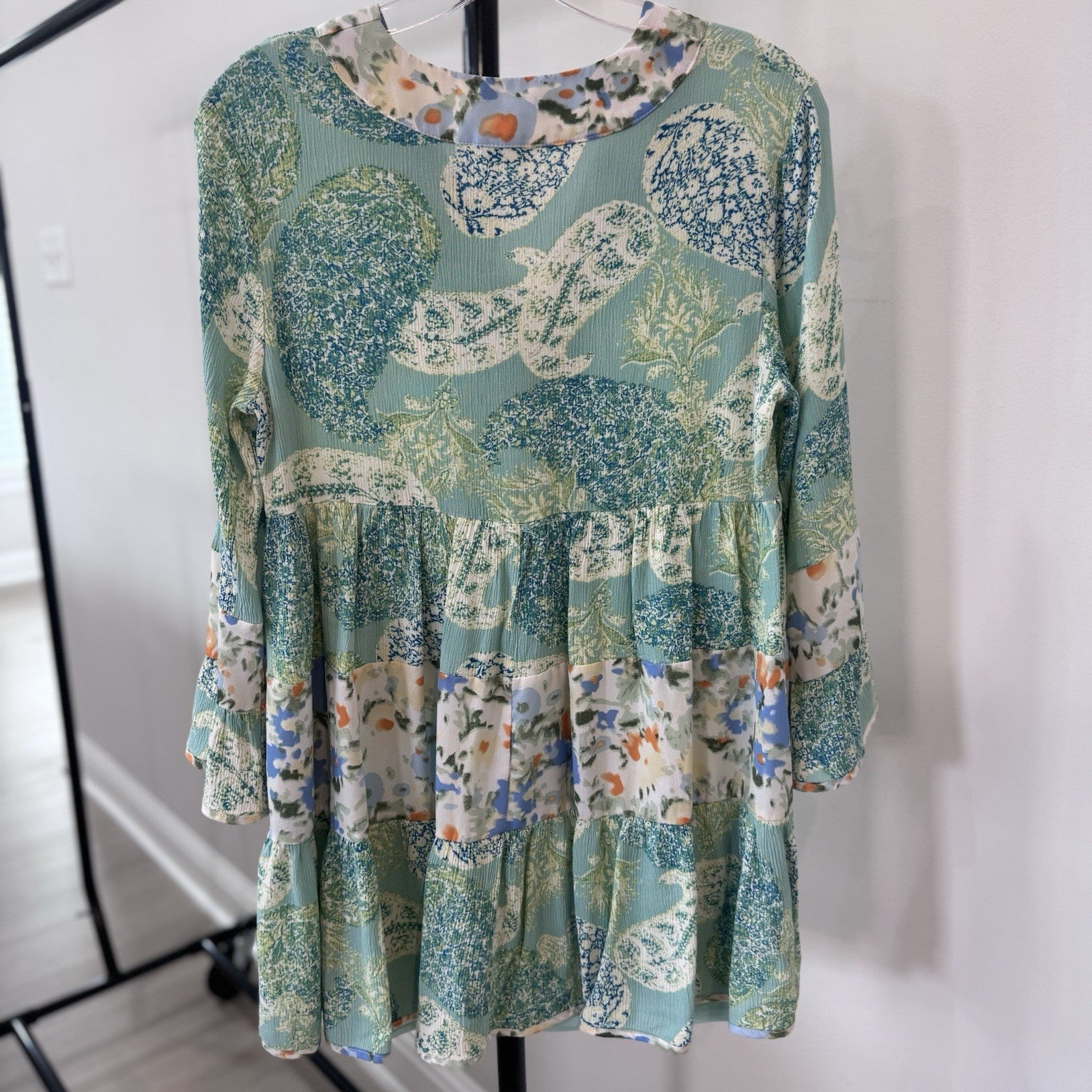 Entro Womens Tiered Boho Tunic Top Blue Green Floral Size S