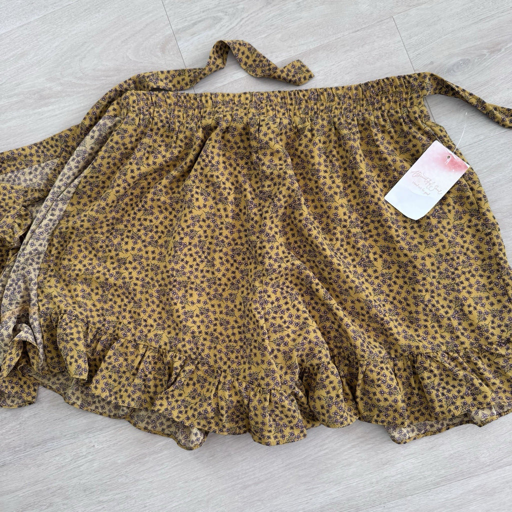 A Beautiful Soul Wrap Skort XL Mustard Floral Ruffle NWT Boho