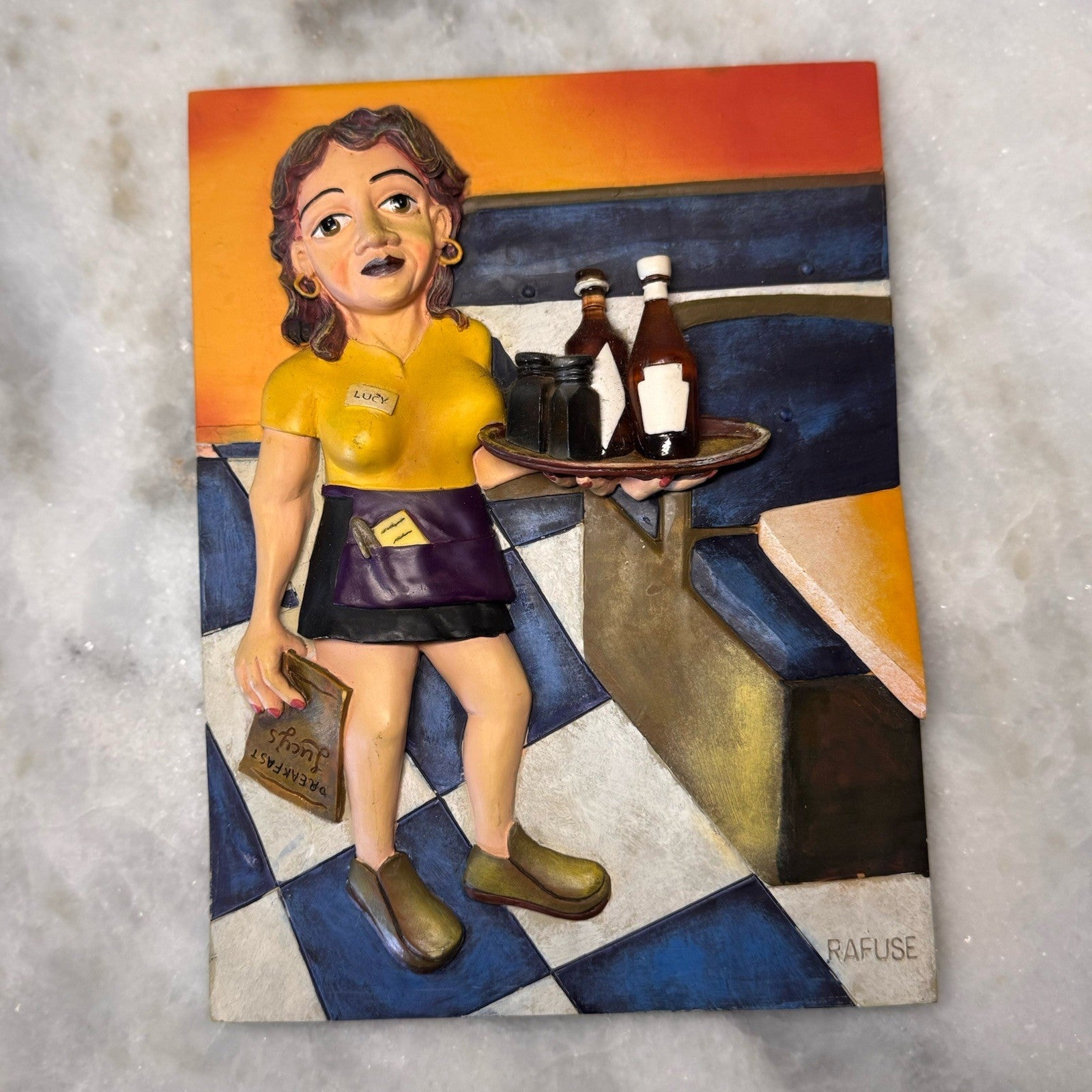 Vintage Peter Rafuse 3D Wall Plaque Set Whimsical Waitress Lucy & Waiter Resin