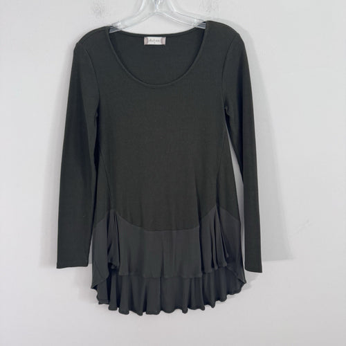 Altar'd State Women's Small Olive Green Ribbed Long Sleeve Top Ruffle Hem Tunic