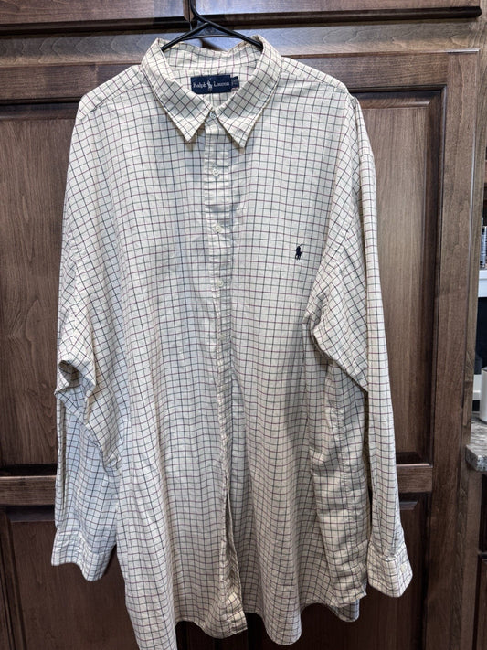 Ralph Lauren Button Down Shirt 3XLT Tall Beige Plaid Long Sleeve Pony