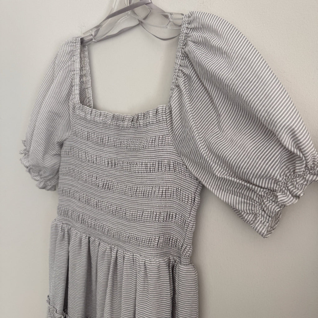 She + Sky Striped Smocked Mini Dress Women's Size M Puff Sleeve Tiered Boho