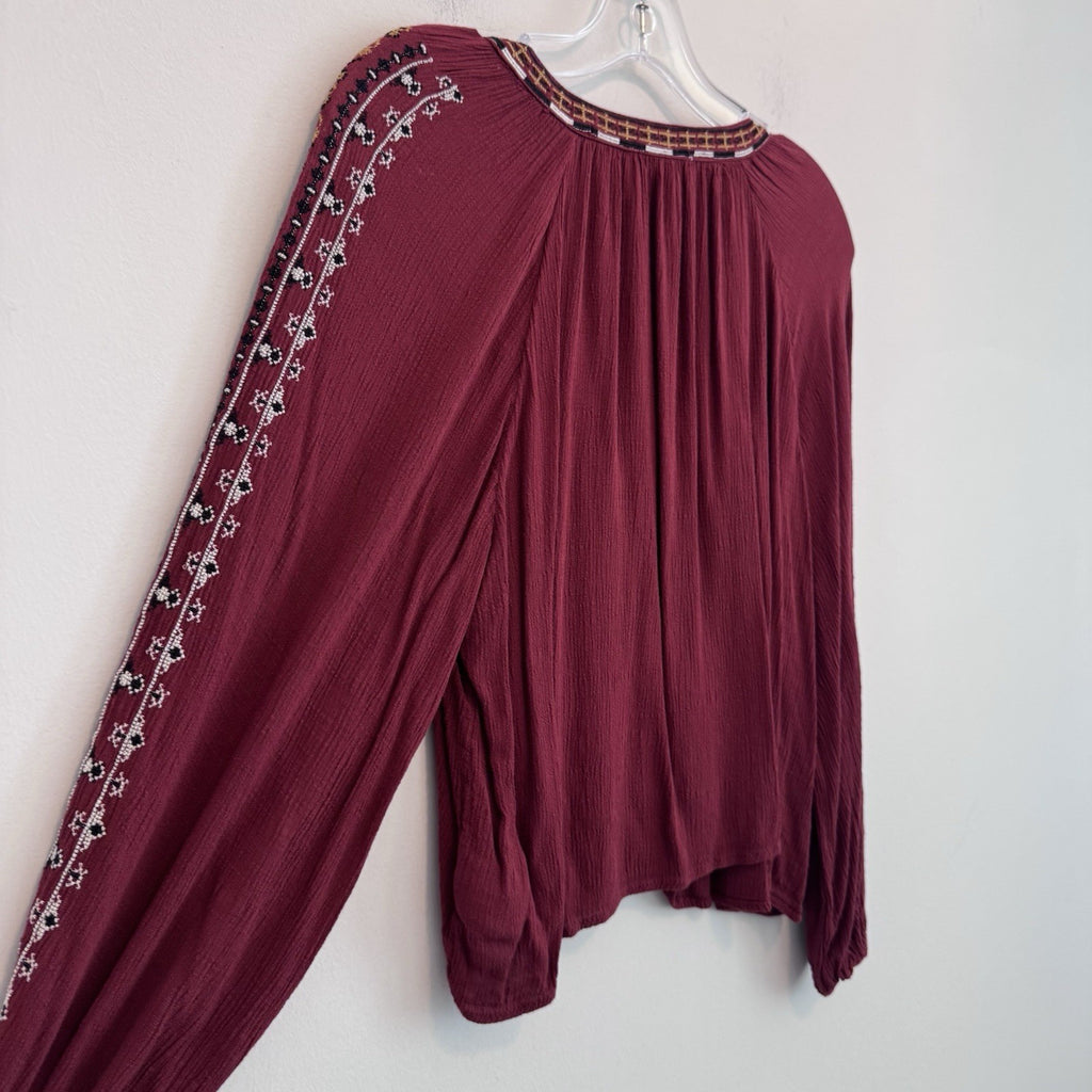 American Eagle Peasant Blouse Womens S Burgundy Embroidered Boho Hippie Casual