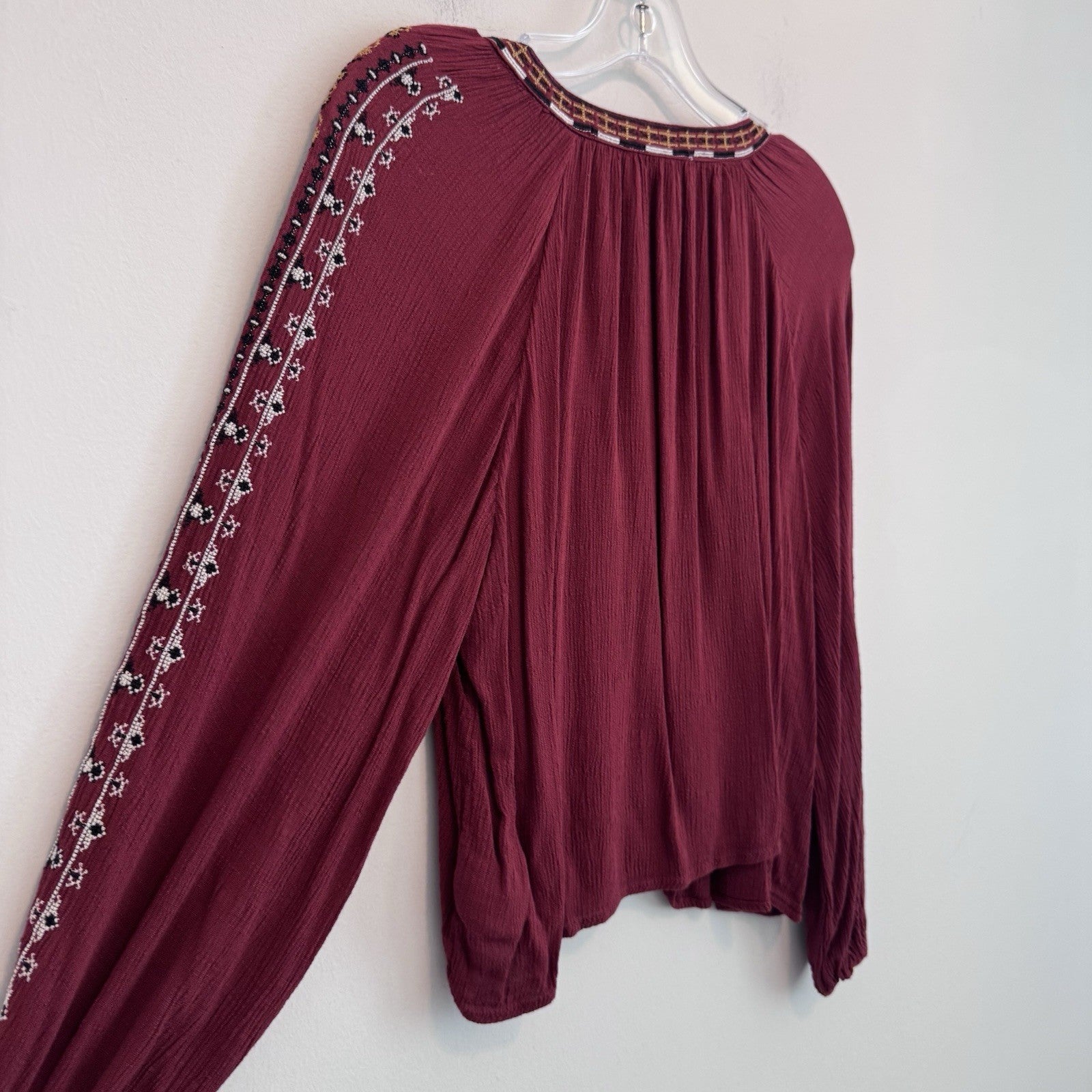 American Eagle Peasant Blouse Womens S Burgundy Embroidered Boho Hippie Casual
