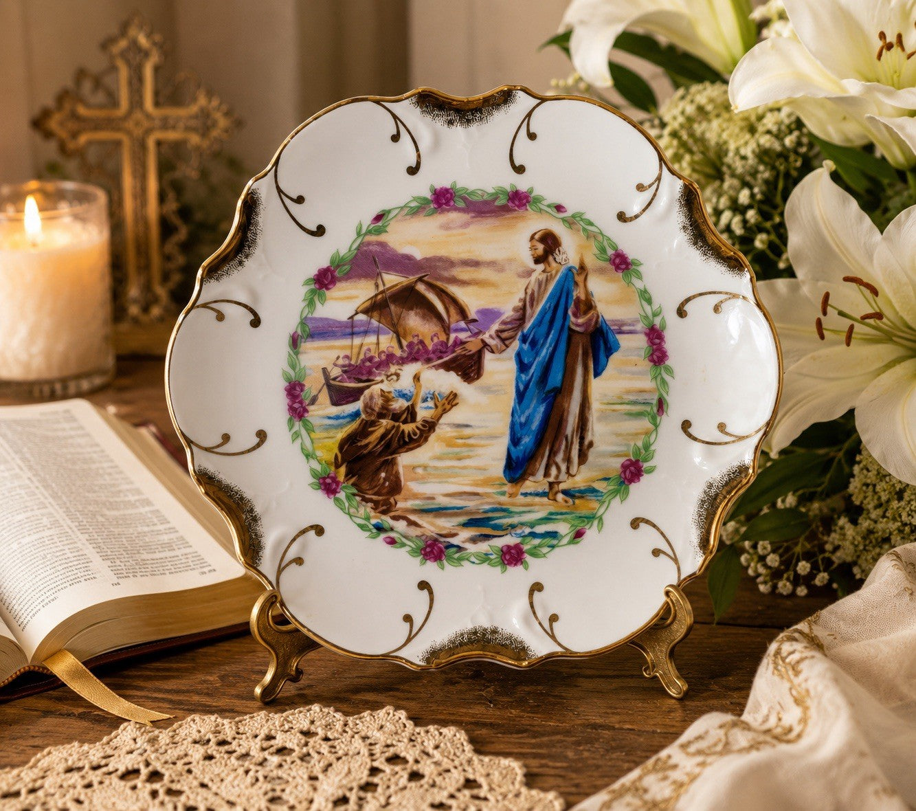 Vintage Jesus Walking on Water Decorative Plate 22K Gold Trim Japan