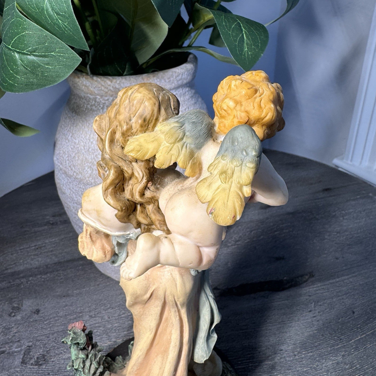 Vintage De Elina Angel with Cherub Figurine 10" Seraphim Statue Dove & Roses