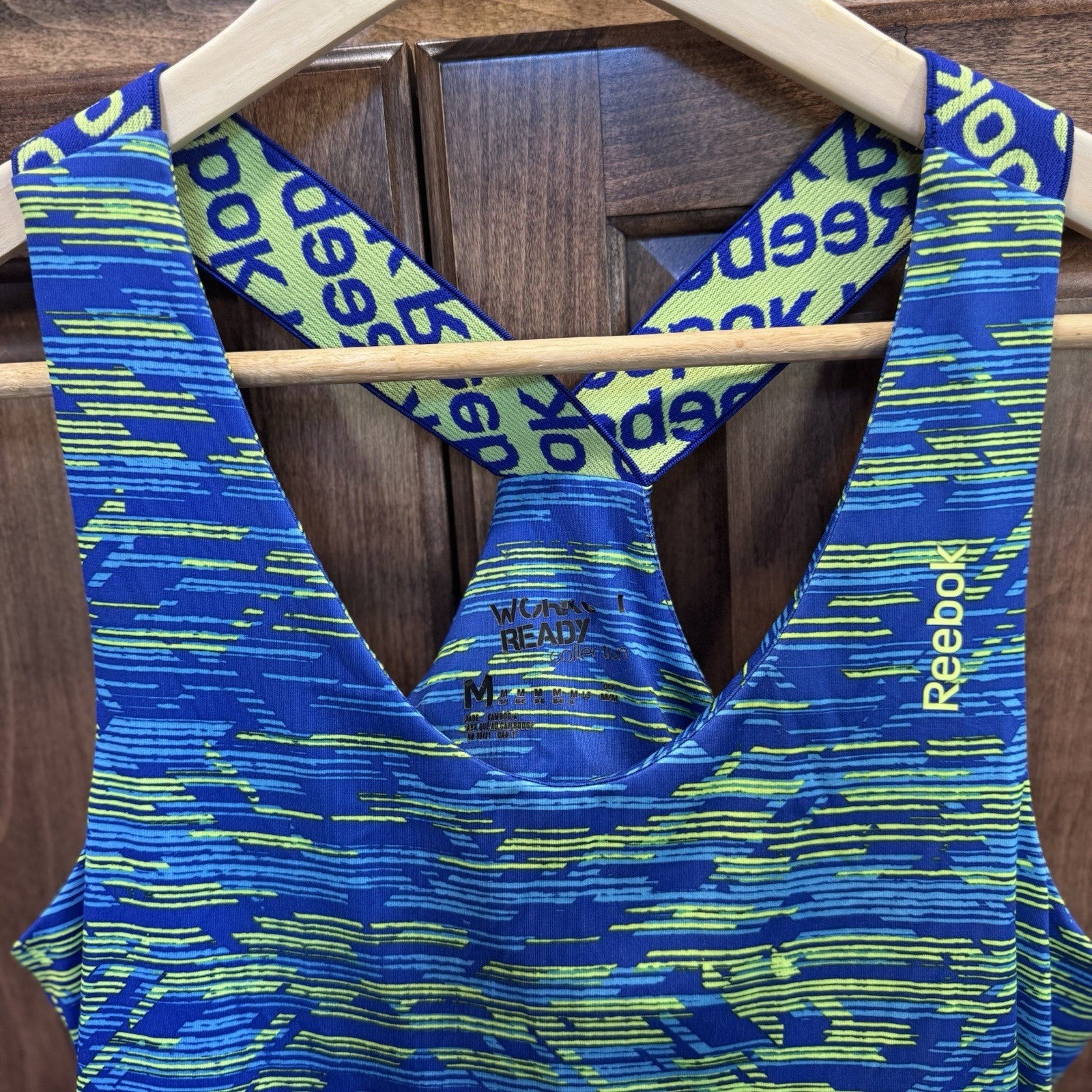 Reebok Women’s Workout Ready Racerback Tank Top M Blue Green Camo Print Athletic