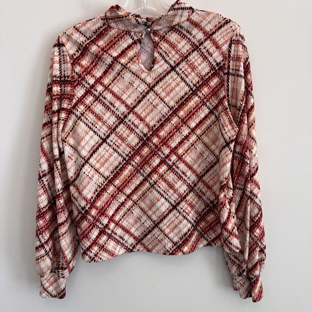 PerSeption Concept Womens L Rust Plaid Mock Neck Balloon Sleeve Blouse Stretch